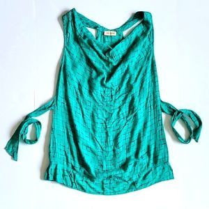 DKNY Jeans Sea Green Black Tied Waist Racerback Cowl Neck Tank Top